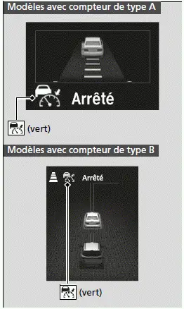 Un véhicule devant est détecté dans le rayon d'action de l'ACC avec suivi à basse vitesse et ralentit jusqu'au point de s'immobiliser