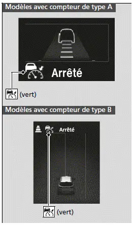 Un véhicule devant est détecté dans le rayon d'action de l'ACC avec suivi à basse vitesse et ralentit jusqu'au point de s'immobiliser